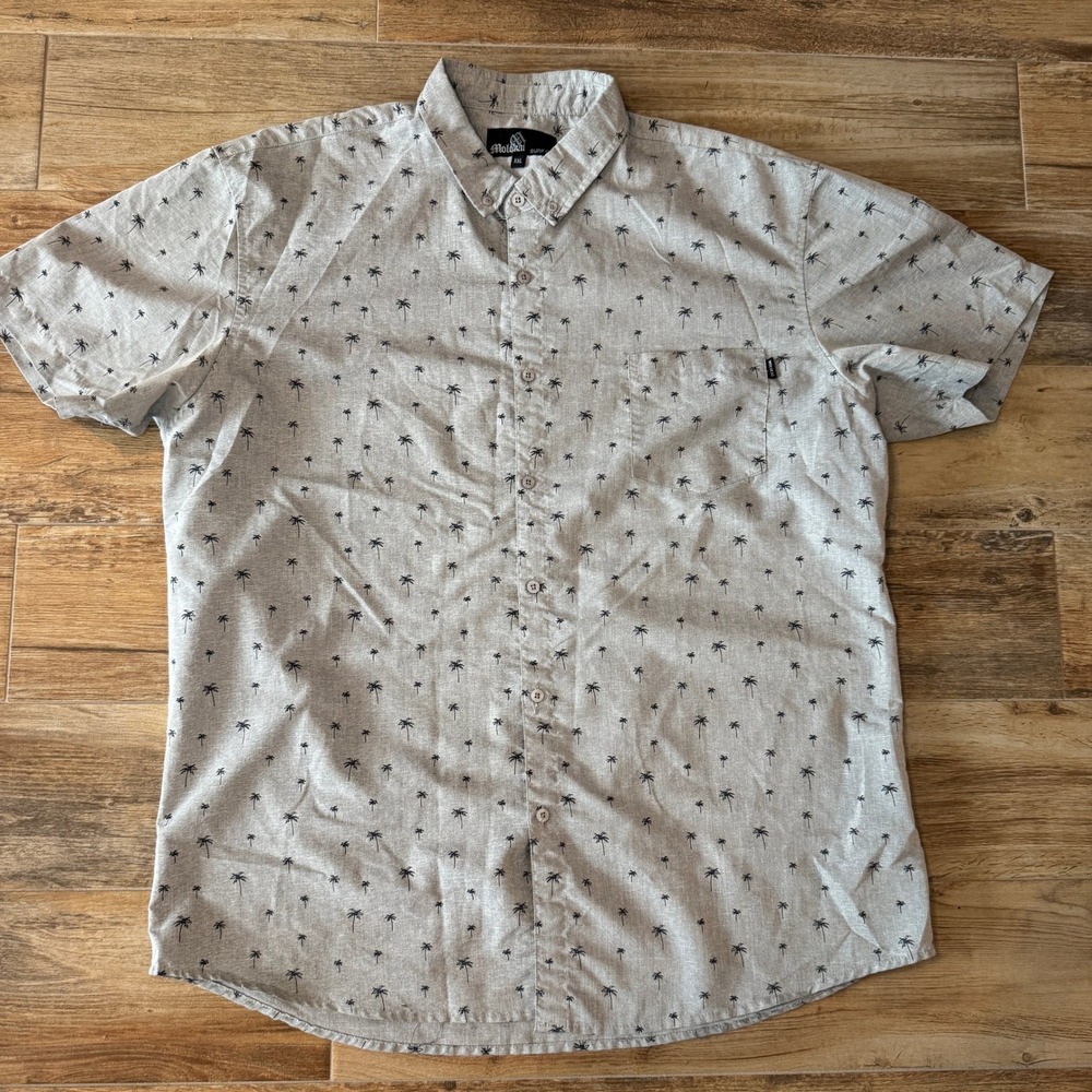 MOLOKAI SURF CO Palm Tree Print Short Sleeve Button Up Shirt Mens XXL Gray Black